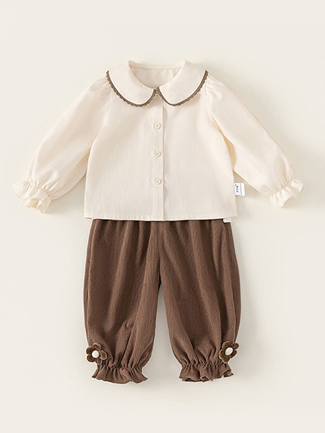 

LULU & SKY Girls Peter Pan Collar Pure Cotton Shirt With Jogger, Beige