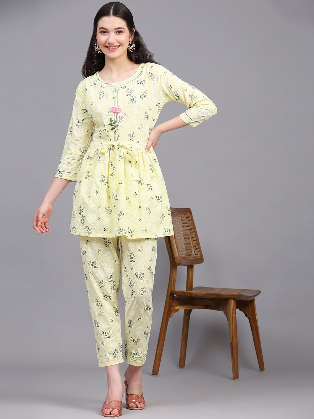 

SRIHA Floral Printed Round Neck Organic Cotton Tunic With Trousers, Yellow
