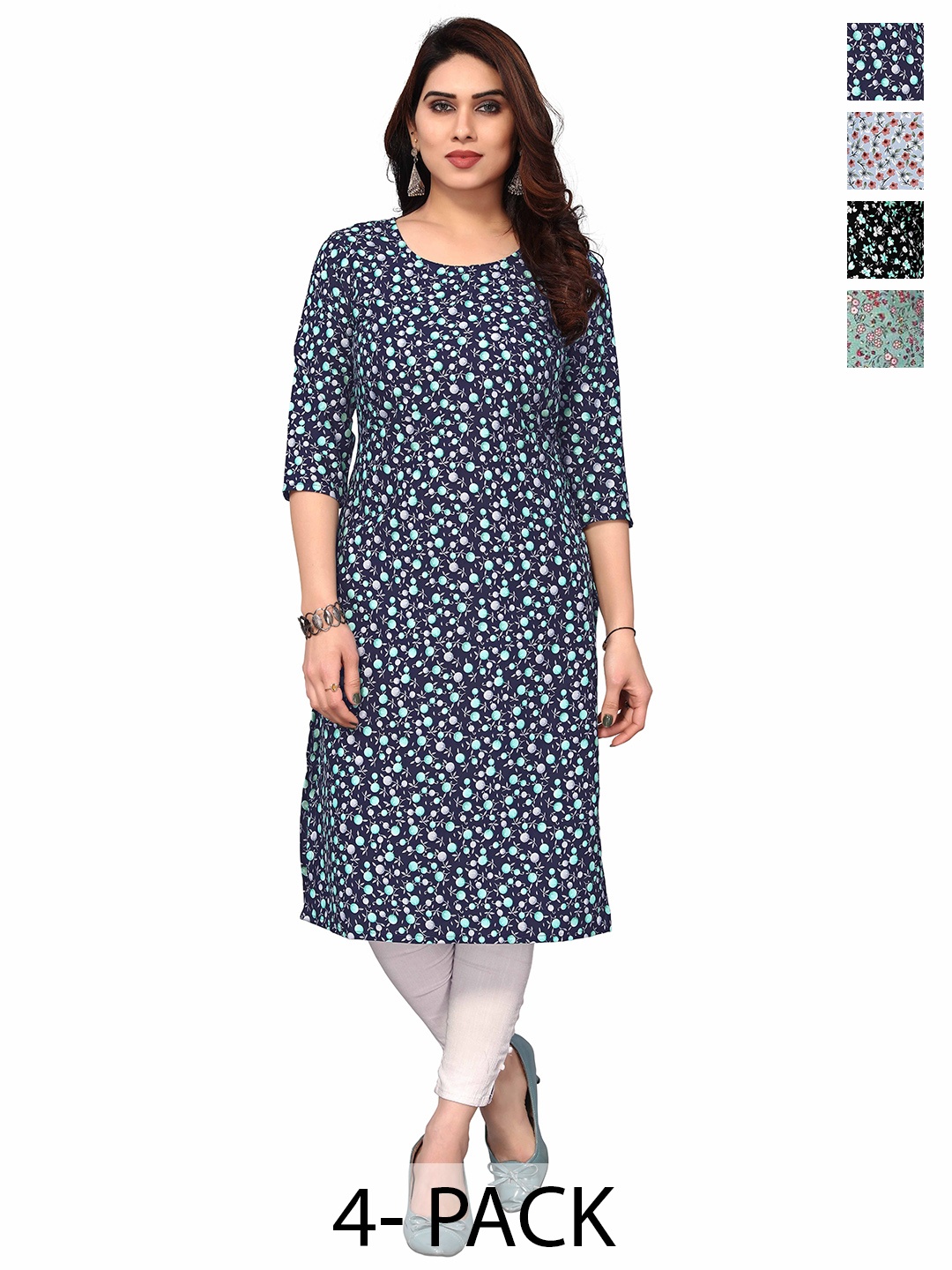 

KETAKI FASHION Selection Of 4 Floral Printed Round Neck Straight Kurtas, Blue