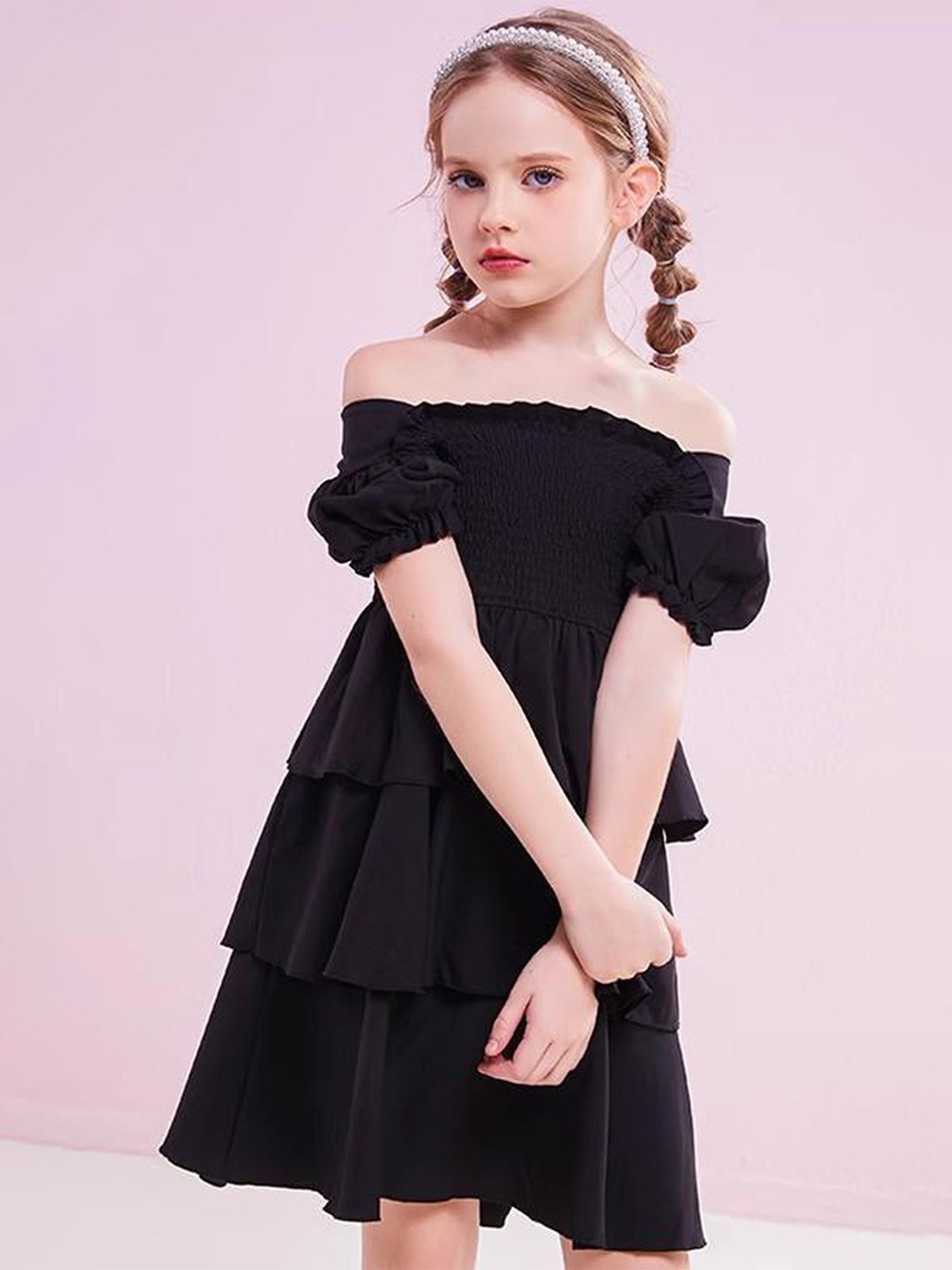 

LULU & SKY Girls Off-Shoulder Puff Sleeve Fit & Flare Dress, Black