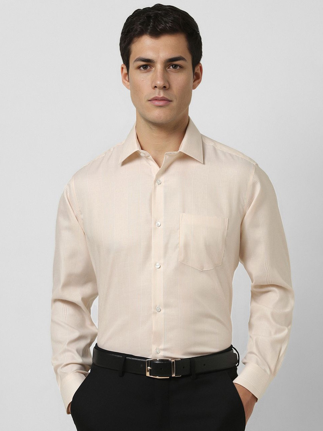 

Van Heusen Men Slim Fit Spread Collar Vertical Striped Cotton Formal Shirt, Beige