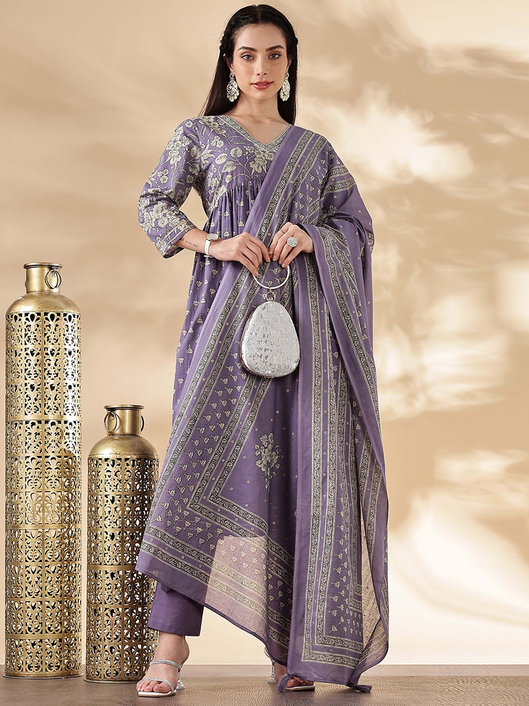 

Anouk Lavender Floral Printed Pure Cotton V-Neck Anarkali Kurta With Trouser And Dupatta