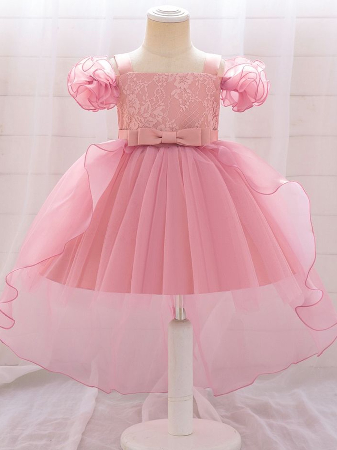 

LULU & SKY Girls Fit and Flare High-Low Bow Detailed Dress, Pink