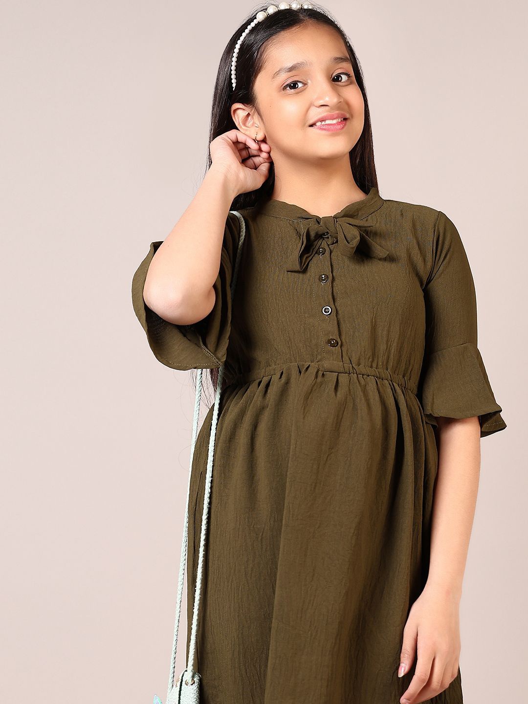 

V-Mart Girls Cotton Bell Sleeve Fit & Flare Dress, Olive
