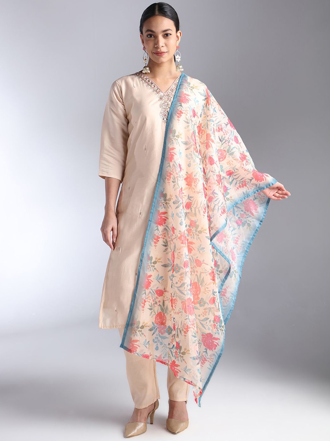 

House Of Dharaa Floral Embroidered Zardozi Chanderi Cotton Kurta With Trousers And Dupatta, Beige