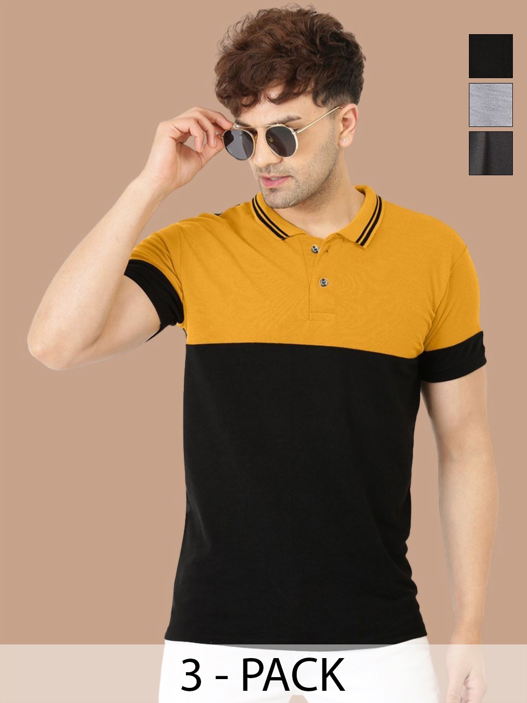 

Leotude Men Pack Of 3 Colourblocked Polo Collar Cotton T-shirts, Black