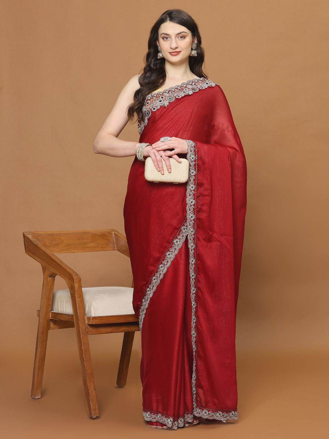 

Meena Bazaar Striped Beads and Stones Saree, Maroon