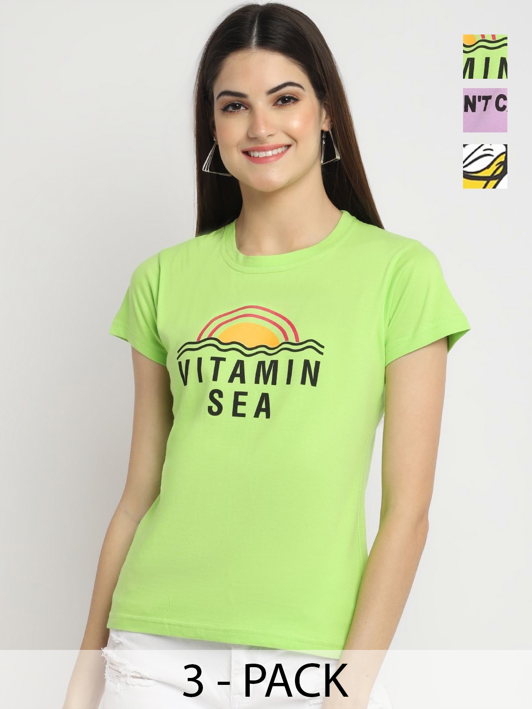 

Dreambe Women Pack Of 3 Graphic Printed Round Neck Cotton T-shirts, Lime green