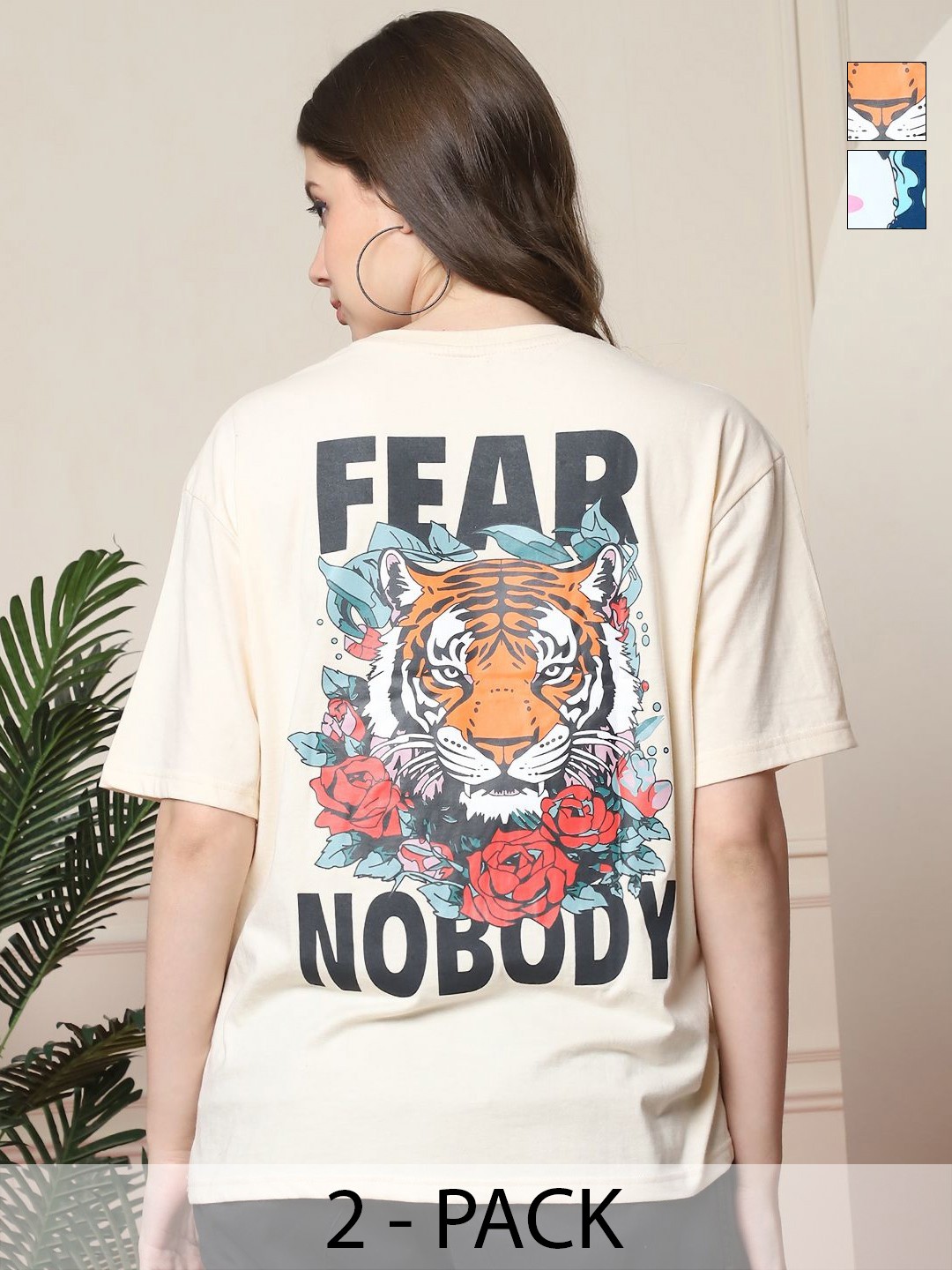 

Dreambe Women Pack Of 2 Graphic Printed Round Neck Cotton Oversized T-shirts, Off white