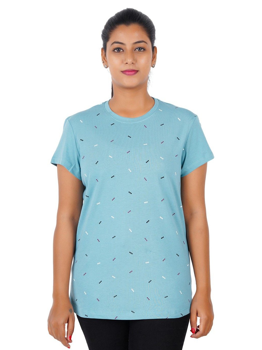 

GUIDE Women Geometric Printed Round Neck Cotton T-shirt, Blue