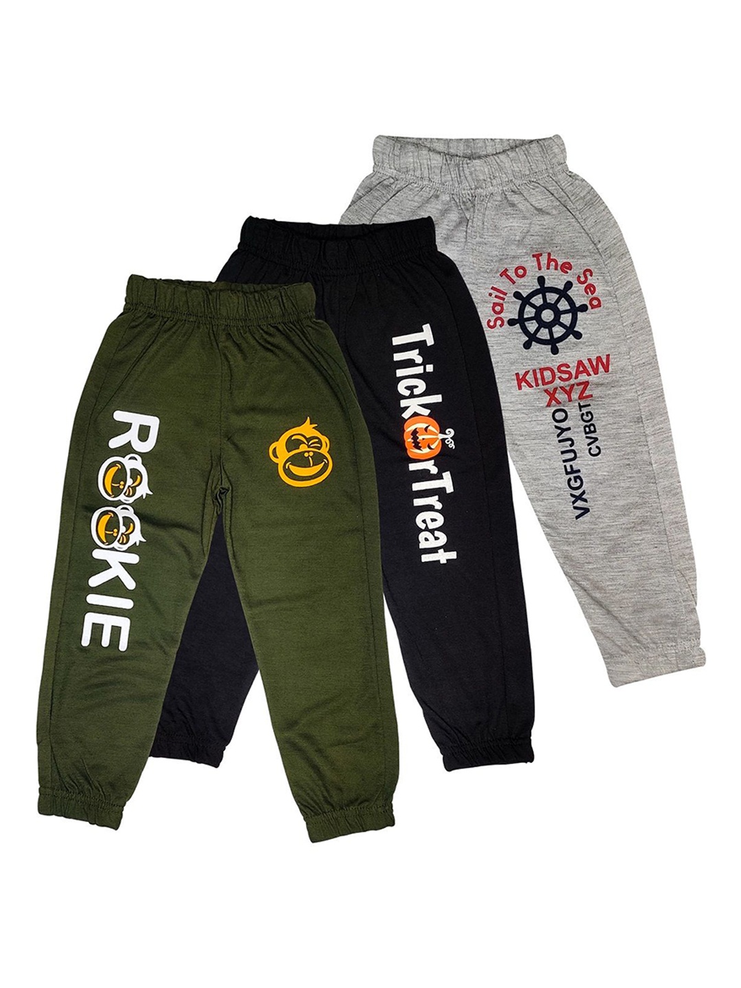 

Surfbae Kids Pack Of 3 Printed Cotton Relaxed Fit Mid-Rise Joggers, Olive