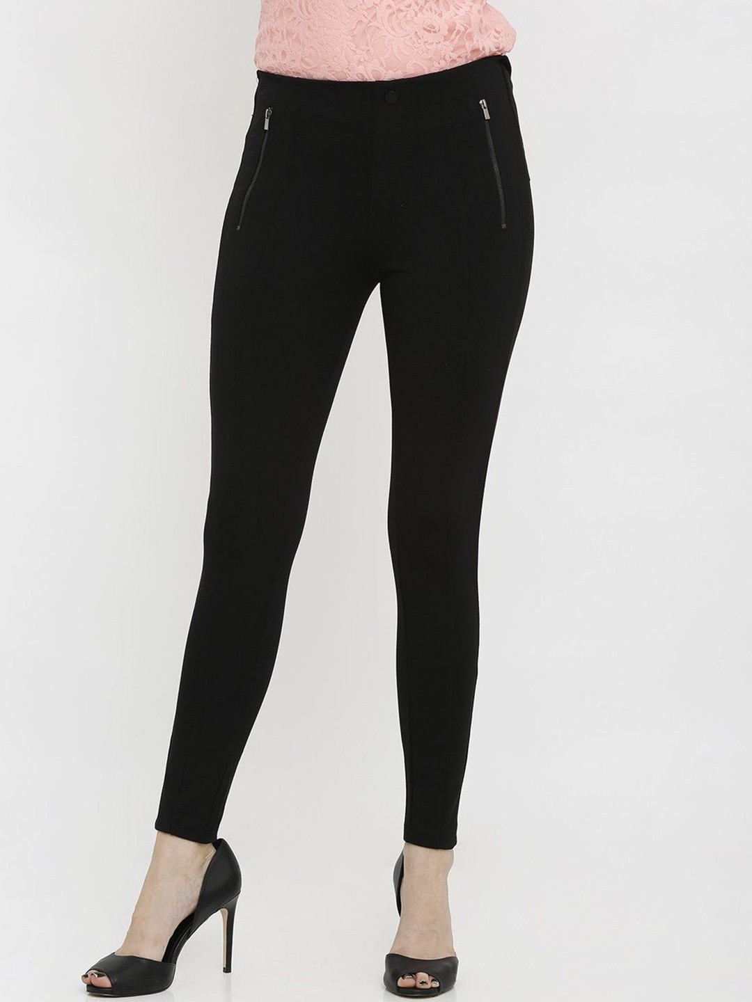 

Kraus Jeans Women Skinny Fit Treggings with Zip, Black