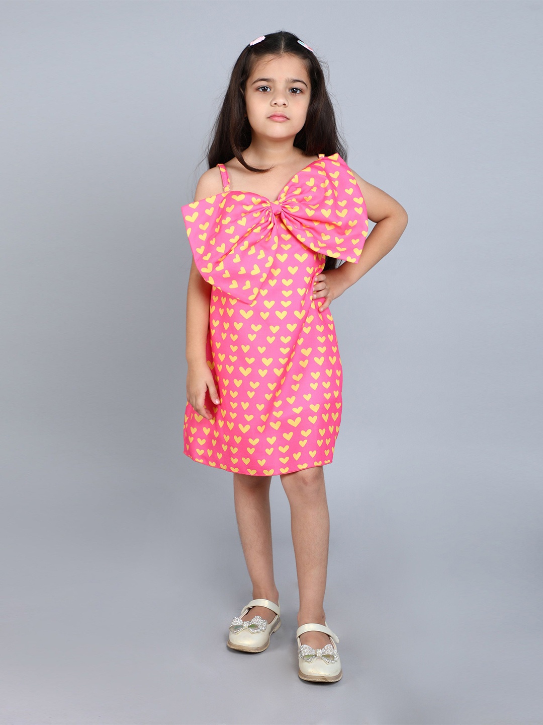 

Pink Chick Girls Heart Printed A Line Cotton Bow Detailed Dress