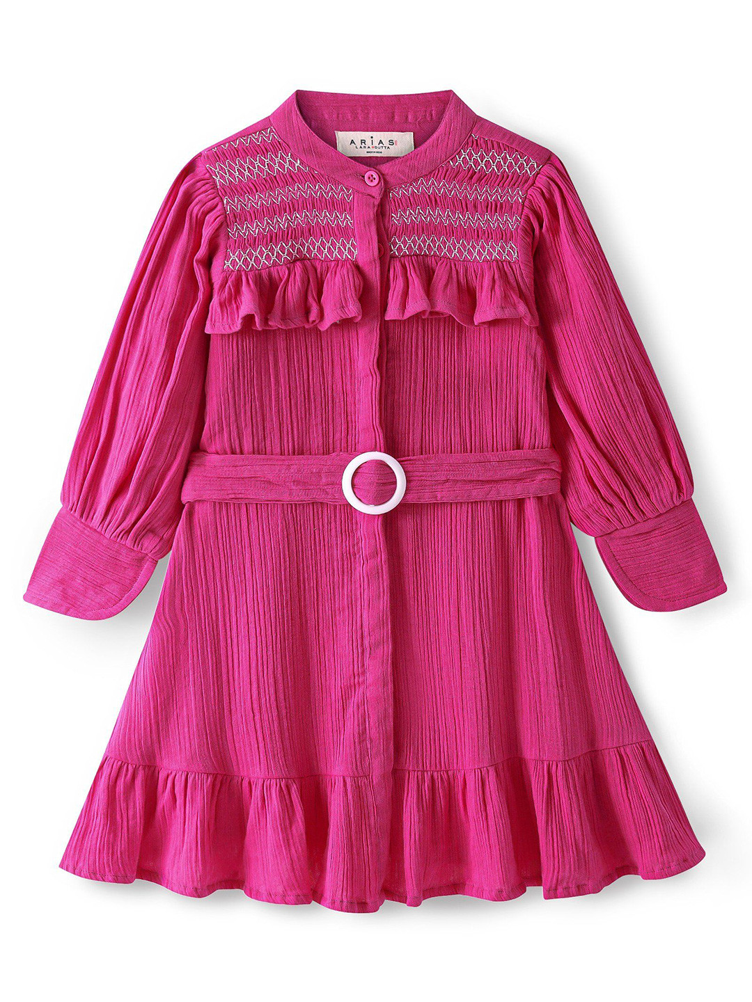 

ARIAS By LARA DUTTA Girl Round Neck Ruffled Cotton A-Line Dress, Pink
