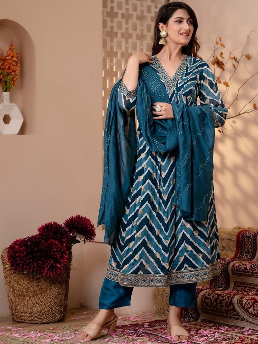

Gauric creation Chevron Printed Zari Chinon A-Line Kurta With Trousers And Dupatta, Blue