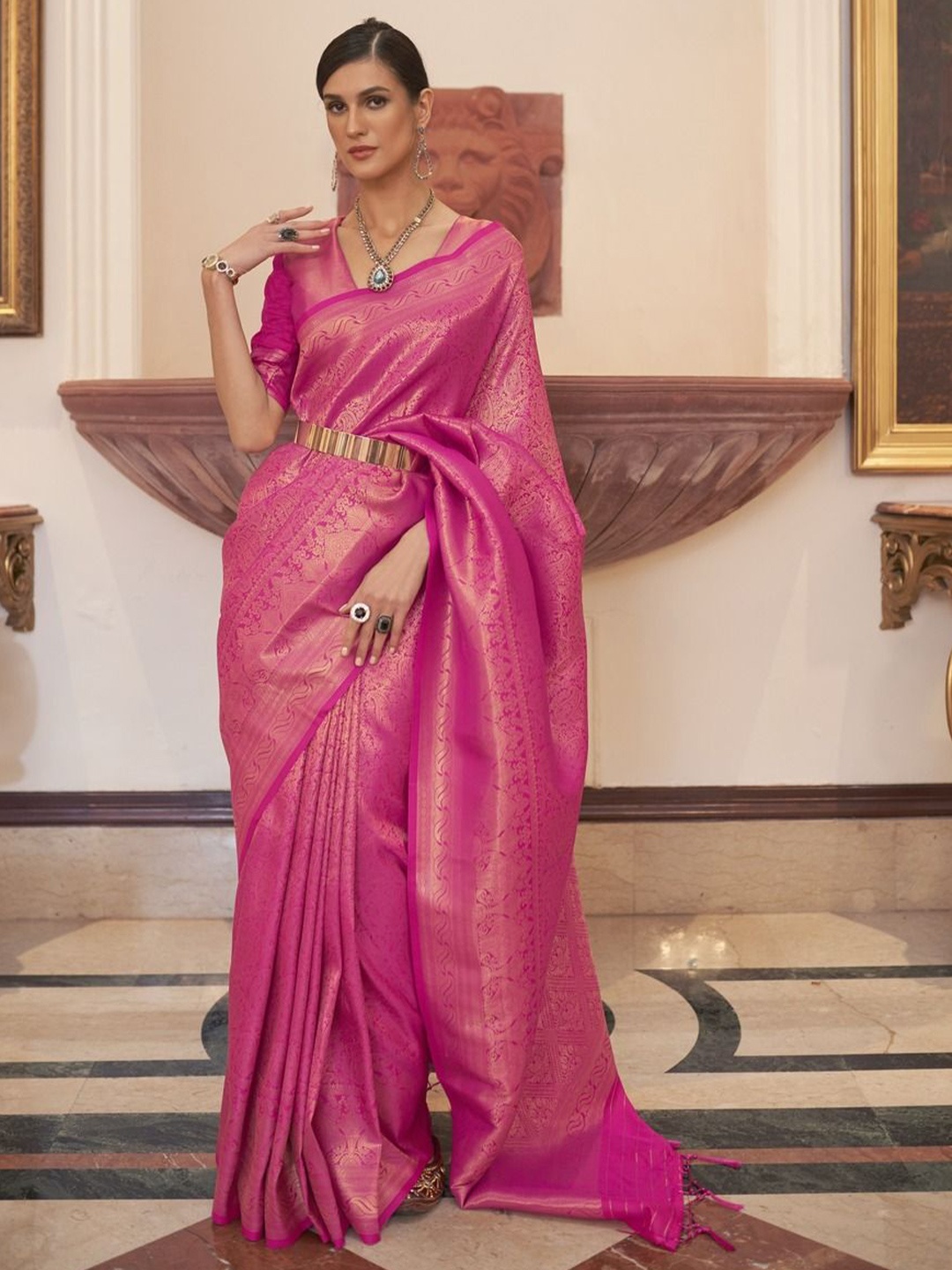 

Anouk Woven Design Zari Silk Blend Banarasi Saree, Pink