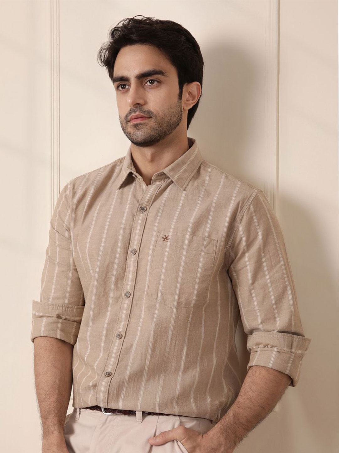 

WROGN Men Comfort Fit Spread Collar Vertical Striped Cotton Formal Shirt, Khaki