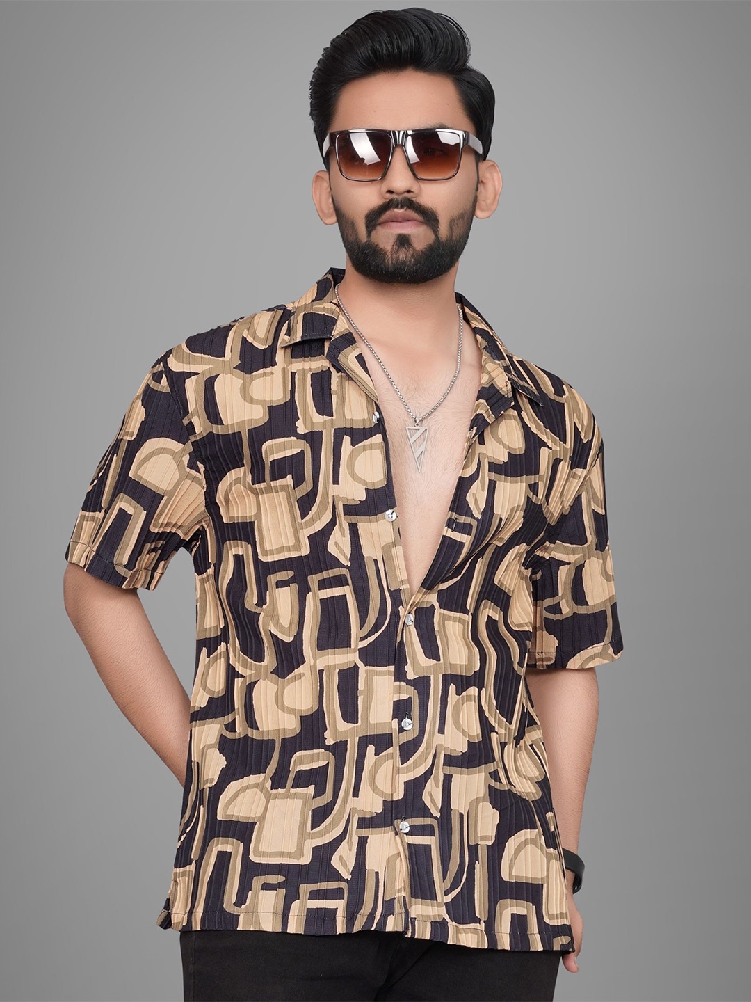 

Metronaut Men Semi Sheer Printed Casual Shirt, Khaki