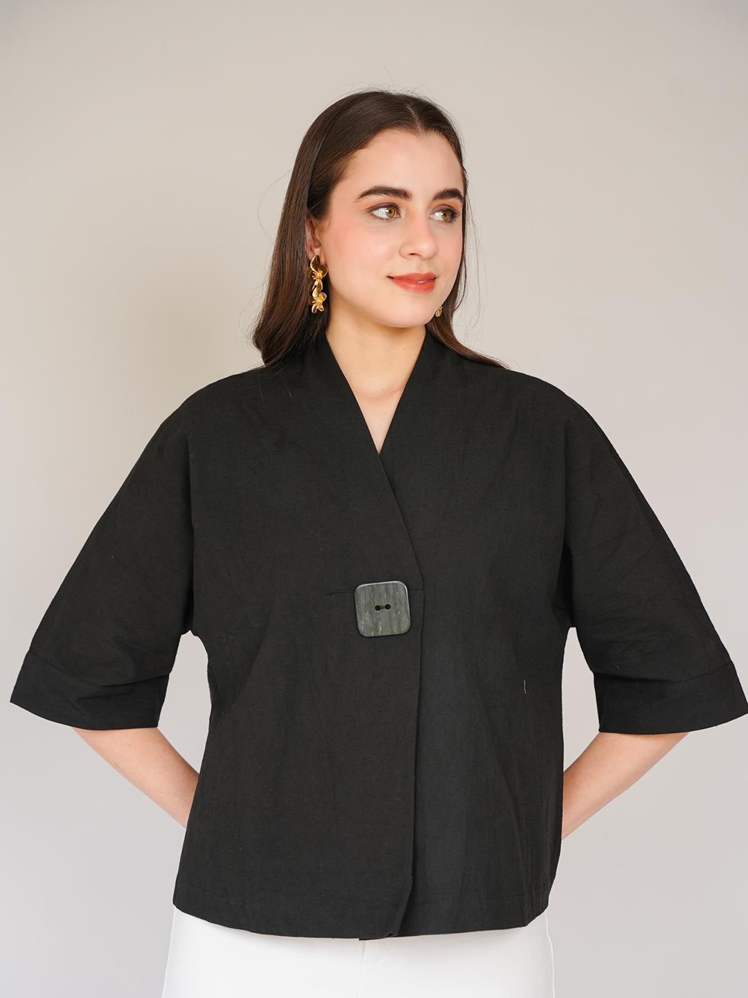 

House of Sal Cotton Shirt Style Top, Black