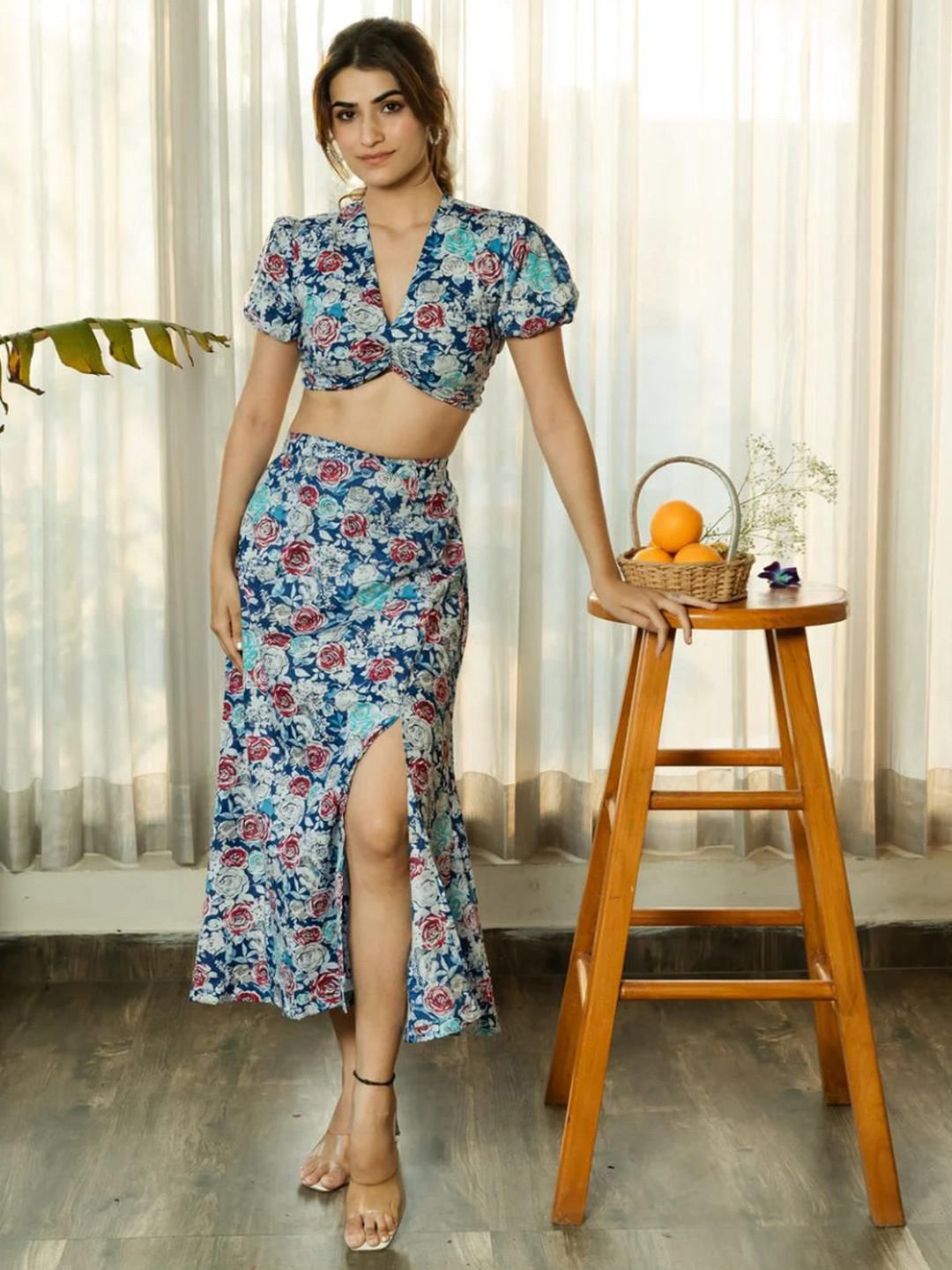 

SUKITI Floral Printed V Neck Pure Cotton Top & Skirt, Blue