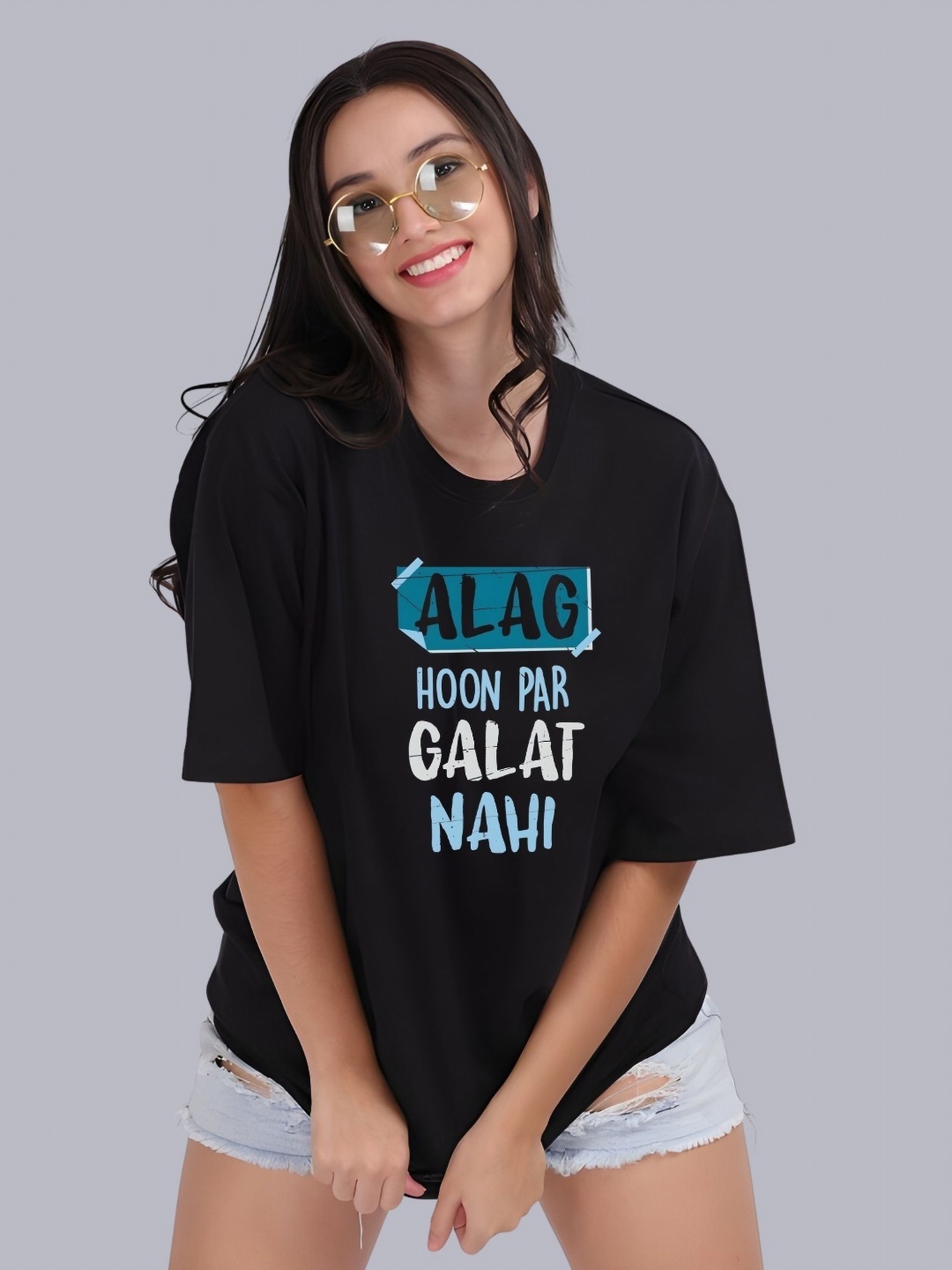

Moda Rapido Women Typography Printed Round Neck Cotton Oversized T-shirt, Black