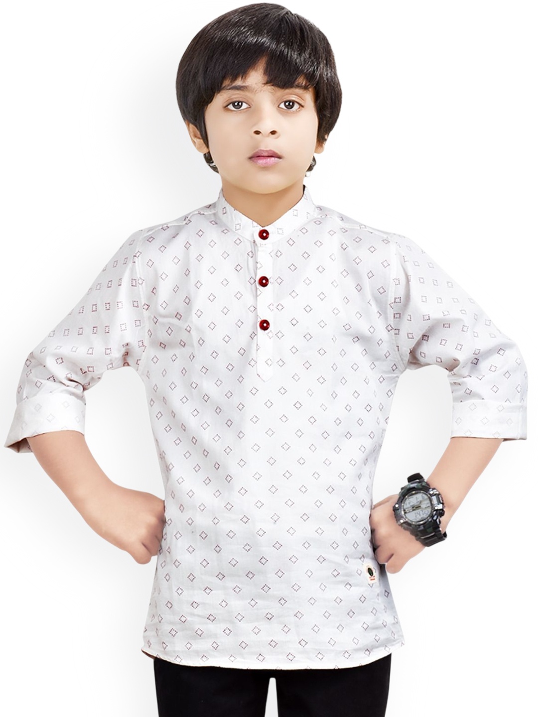 

MADE IN THE SHADE Boys Geometric Printed Band Collar Cotton Straight Kurta, White