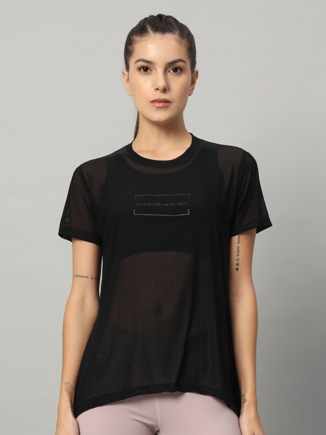 

MKH Women Dri-Fit Typography Printed Round Neck T-shirt, Black