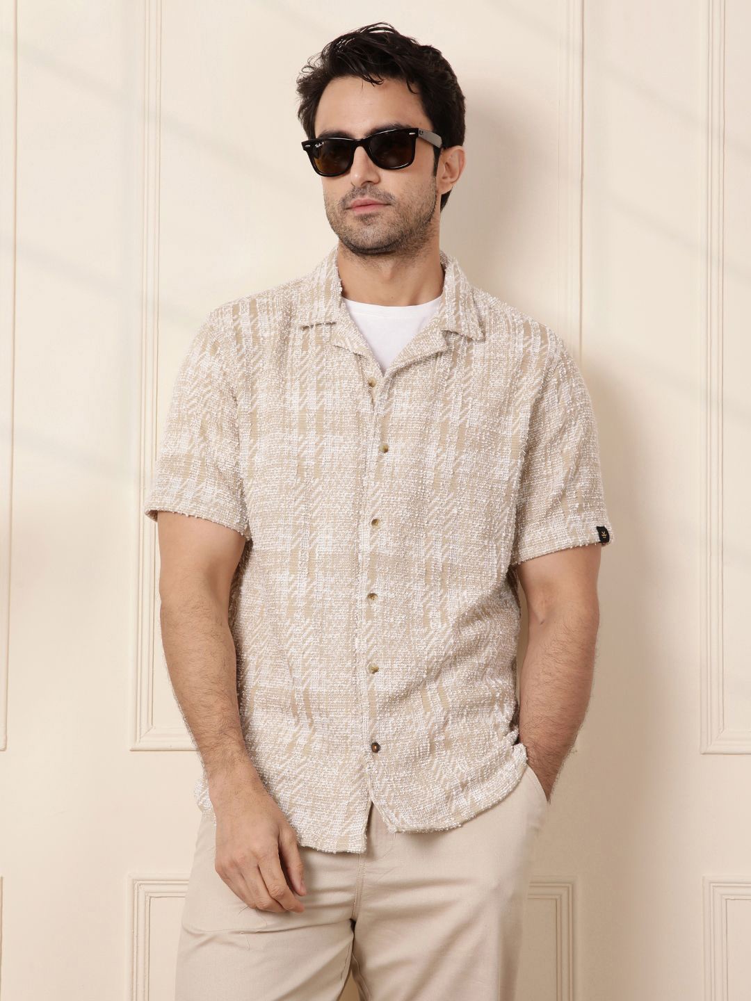 

WROGN Men Comfort Fit Cuban Collar Abstract Printed Cotton Casual Shirt, Beige