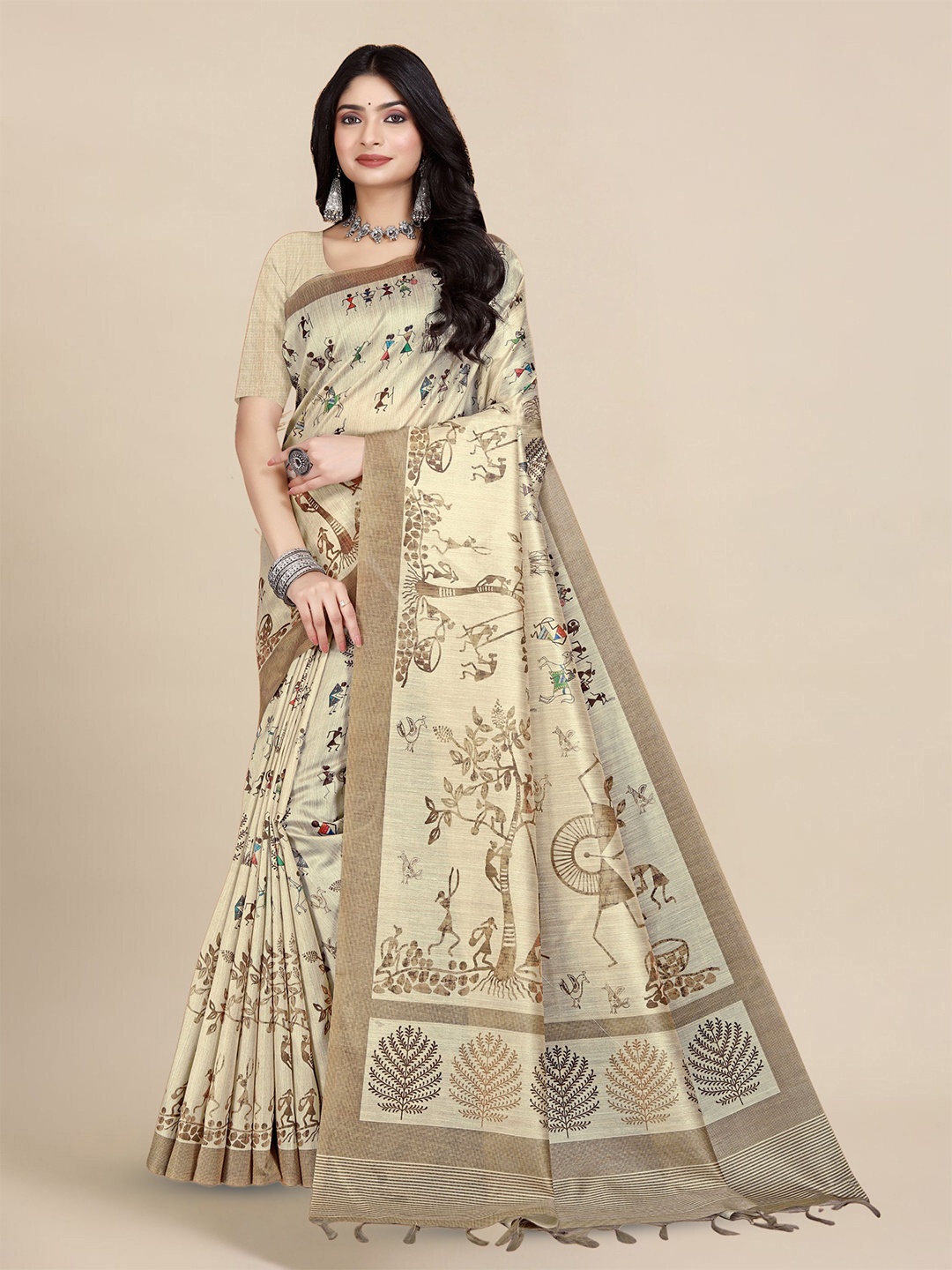 

WEAREZEE Warli Printed Saree, Beige