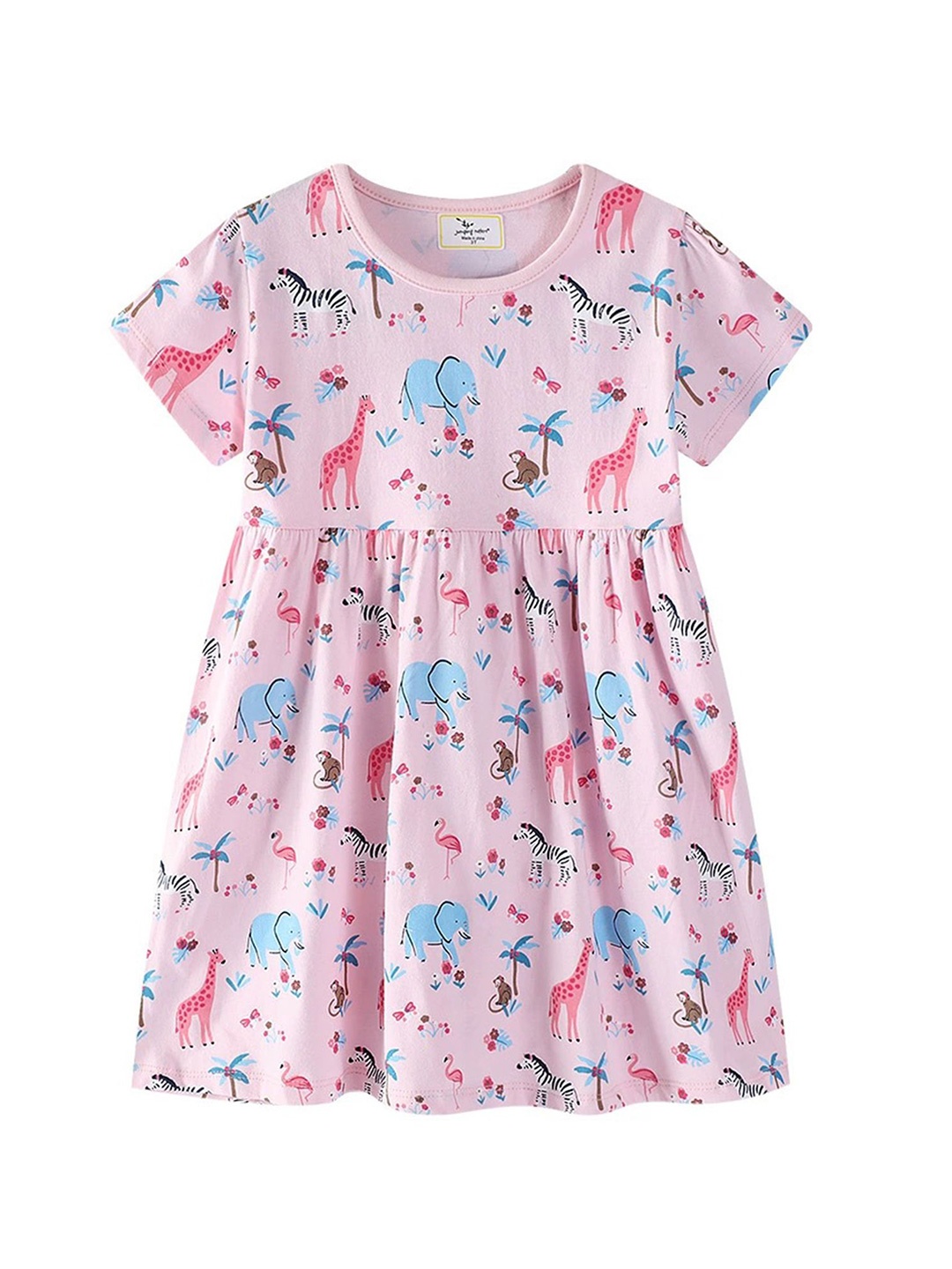 

LULU & SKY Girl Print Short Sleeves Fit & Flare Knee Length Dress, Pink