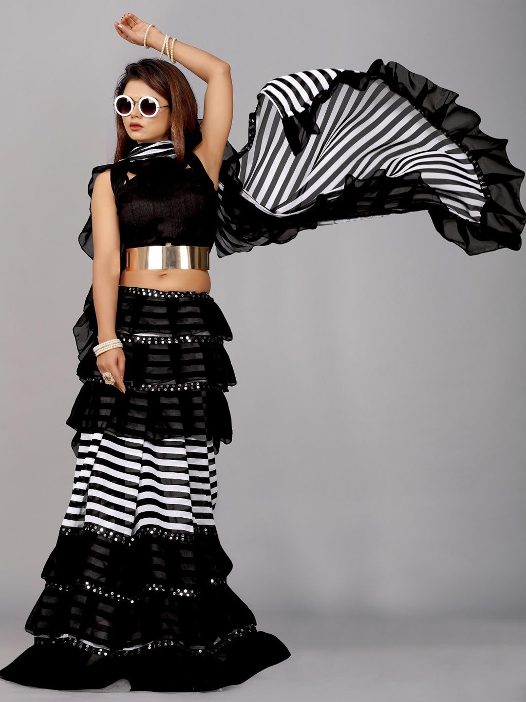 

Moda Rapido Striped Mirror Work Pure Georgette Ruffles Saree, Black