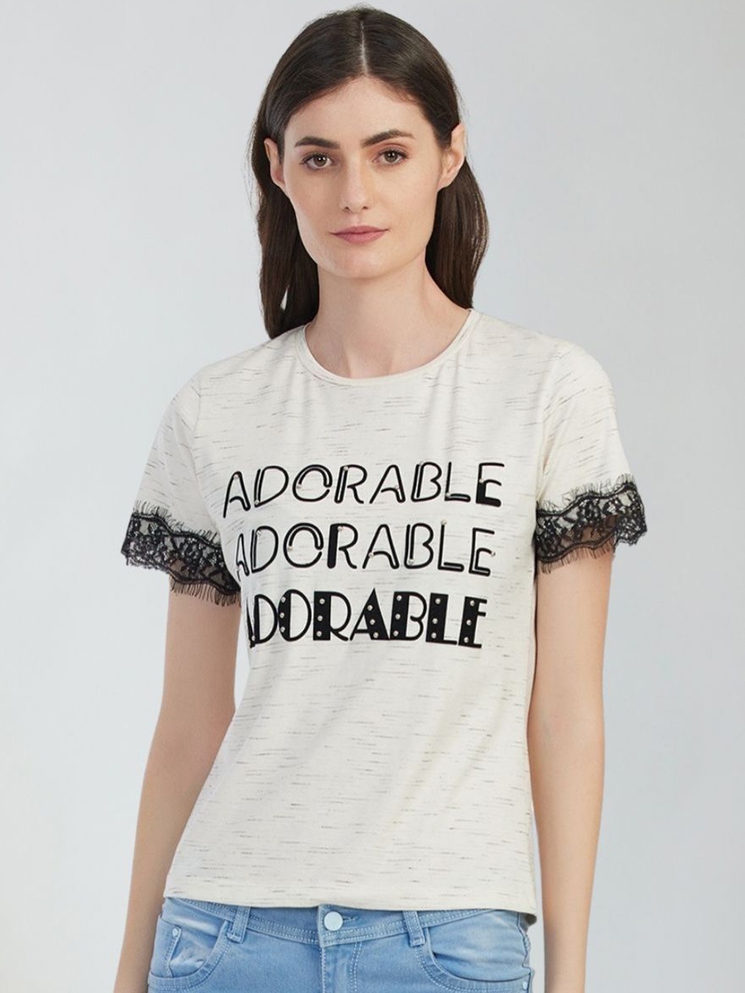 

Moda Elementi Women Typography Printed Round Neck Cotton Top, Off white