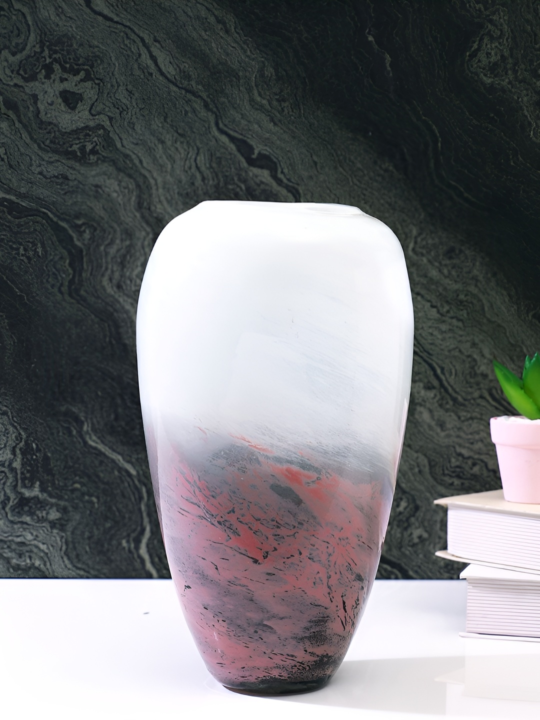 

TAYHAA White & Brown Marble Finish Glass Flower Vase