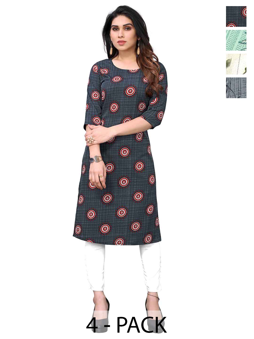 

KETAKI FASHION Selection Of 4 Ethnic Motifs Printed Round Neck Straight Kurtas, Blue