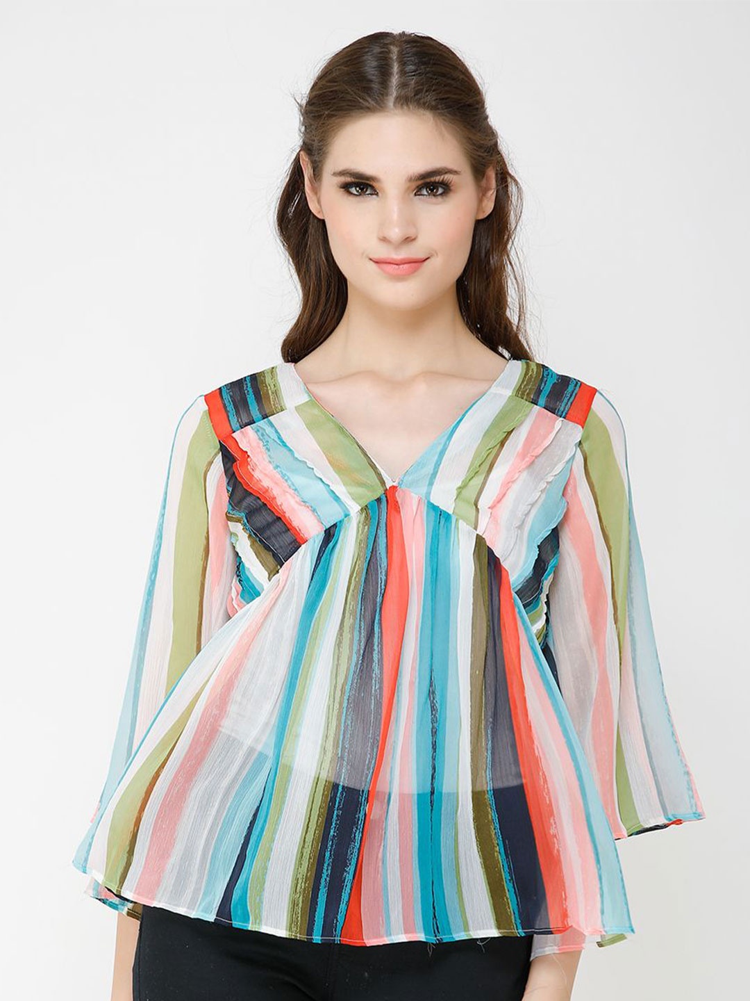 

Moda Rapido Women Colourblocked Candy Stripes Bell Sleeves Top, Blue