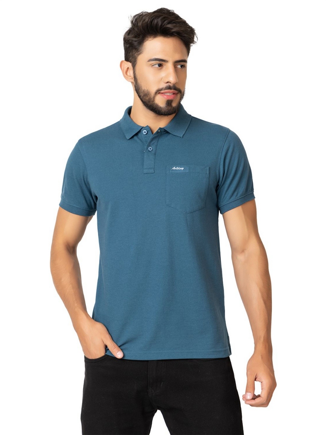

Antiloop Men Solid Polo Collar Cotton T-shirt, Teal