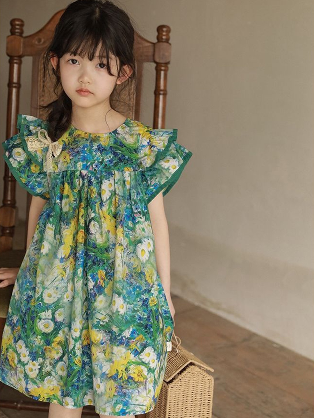 

LULU & SKY Girls Floral Printed Cotton A-Line Dress, Green