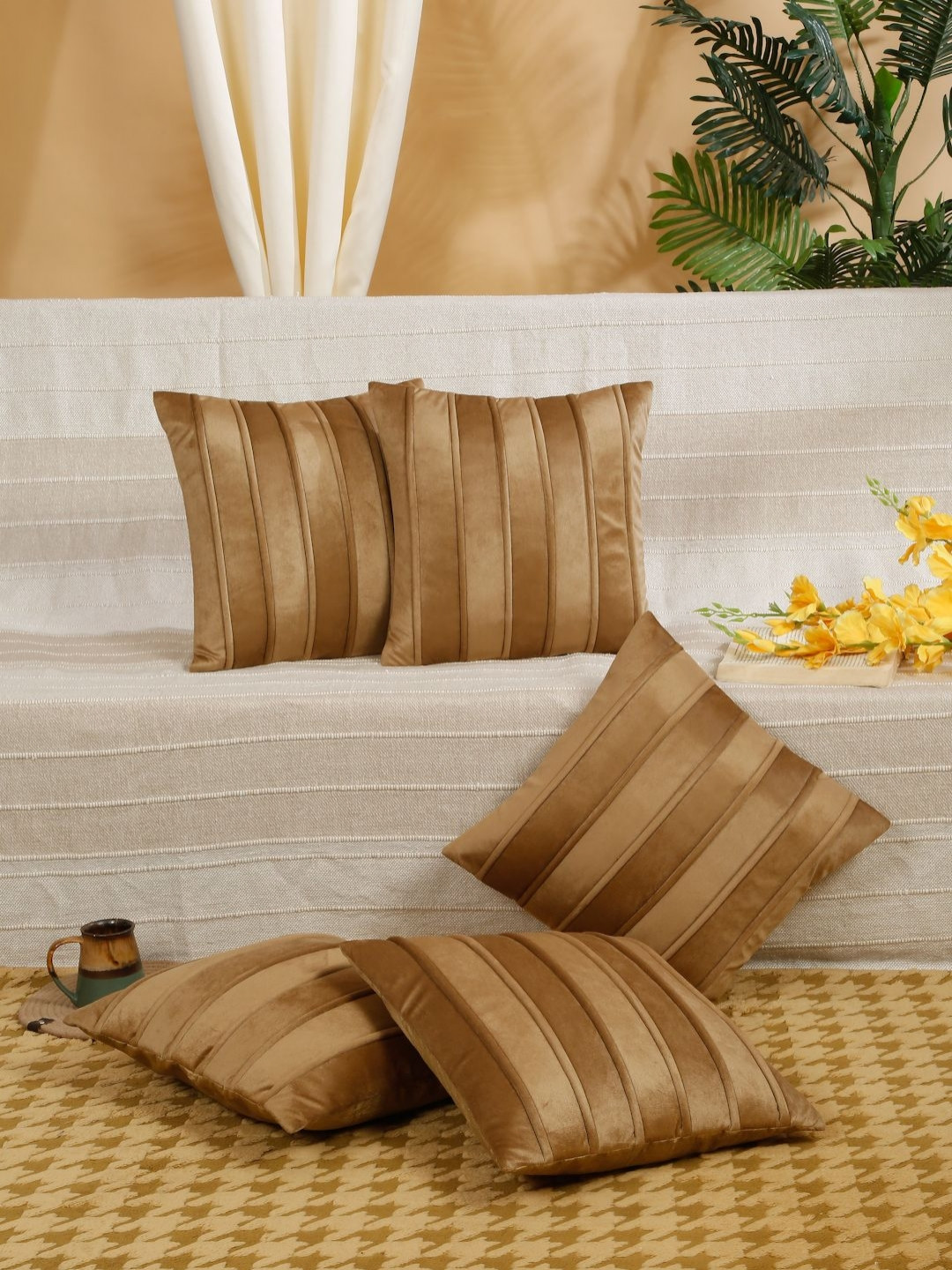 

SOKNACK Camel Brown 5 Pieces Striped Velvet Square Cushion Covers