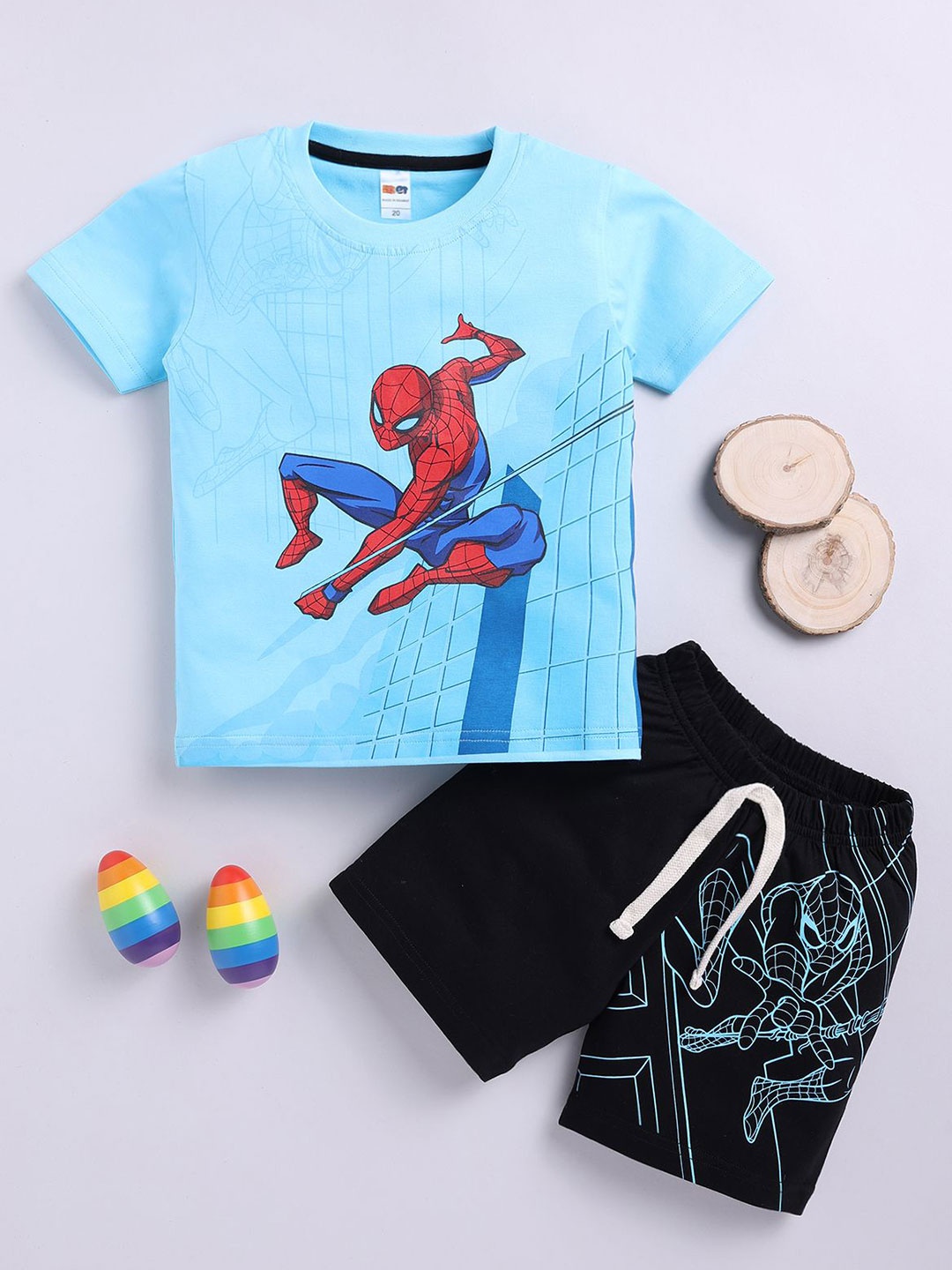

LITTLE NINJA Boys Printed Round Neck Pure Cotton T-Shirt With Shorts, Blue