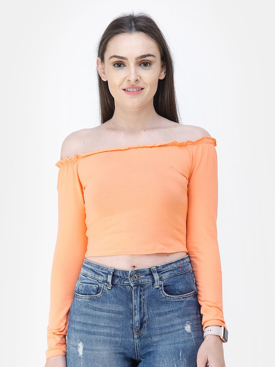 

Moda Rapido Women Solid Off-Shoulder Cotton Top, Orange