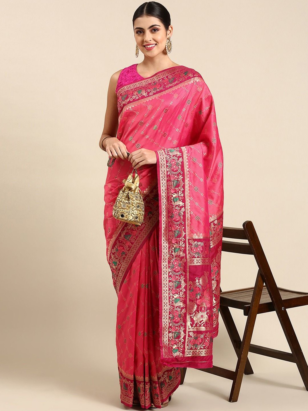 

DIVASTRI Woven Design Zari Silk Blend Banarasi Saree, Pink