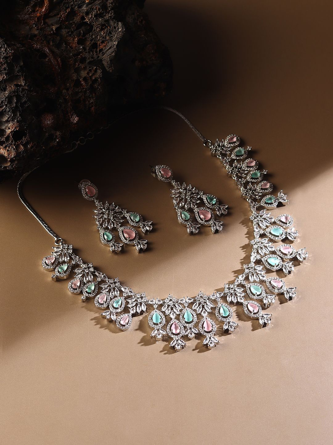 

RHOSYN Rhodium-Plated American Diamond Stone-Studded Jewellery Set, Silver