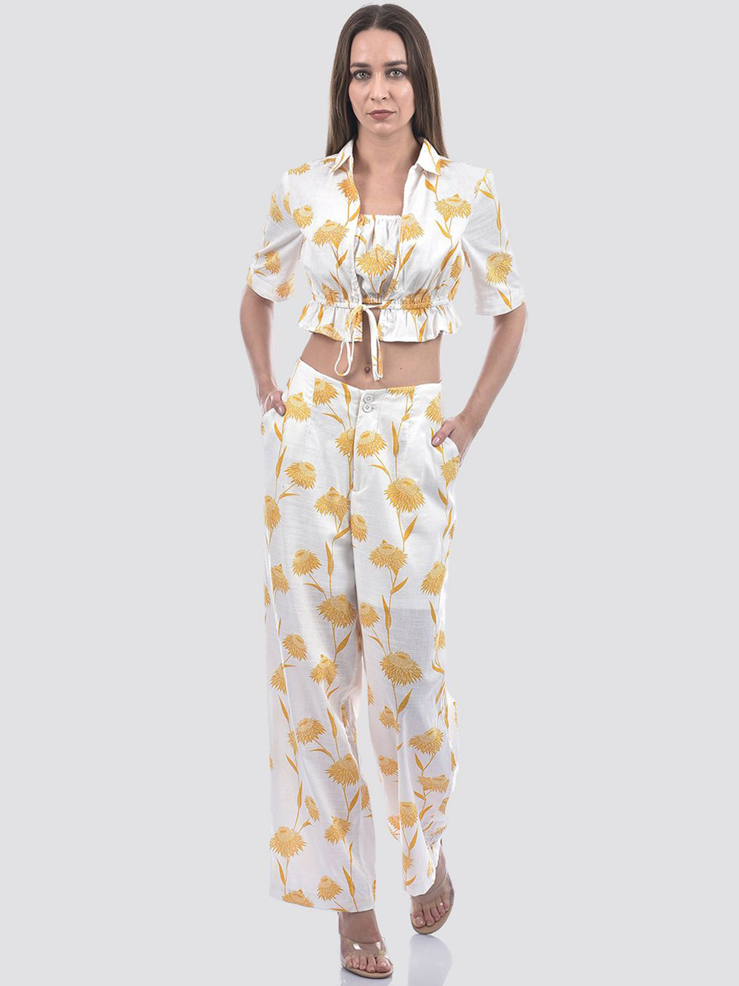 

ONLY Floral Printed Shirt Collar Top With Trousers, Off white