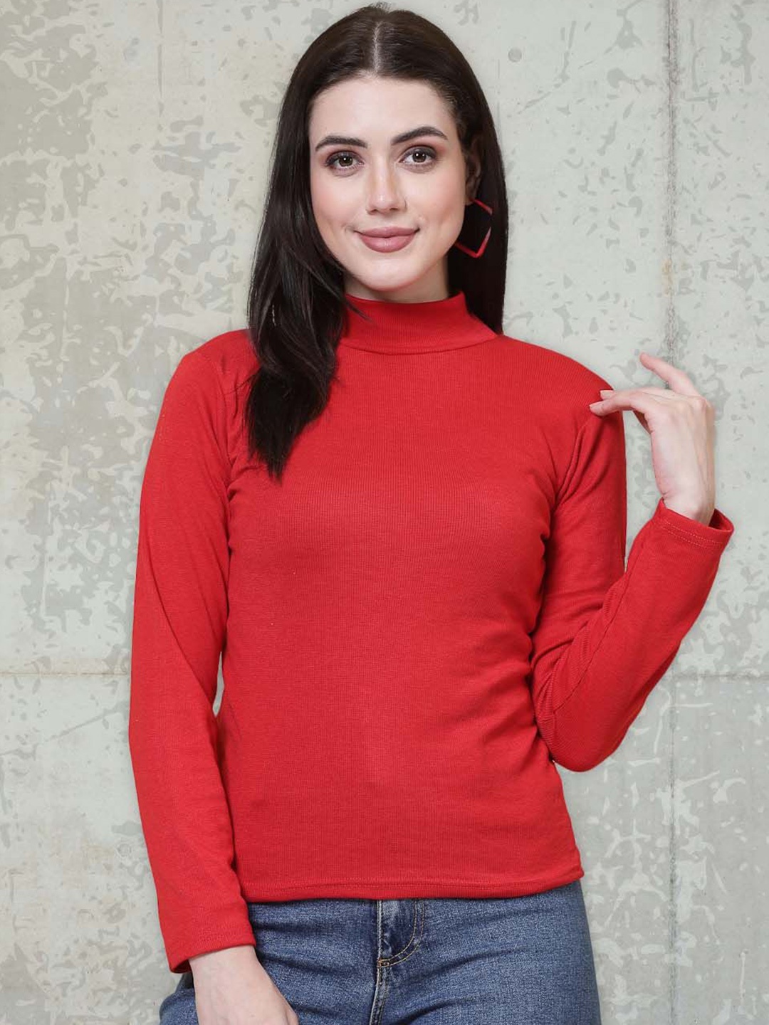 

Moda Rapido Women Ribbed High Neck Long Sleeves Top, Red