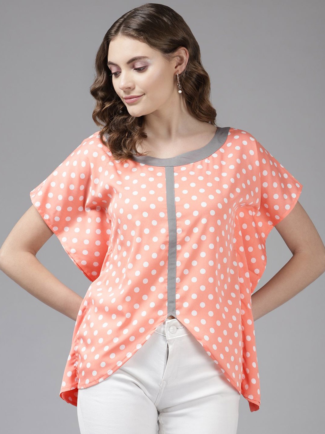 

CORSICA Women Polka Dots Printed Round Neck Top, Peach