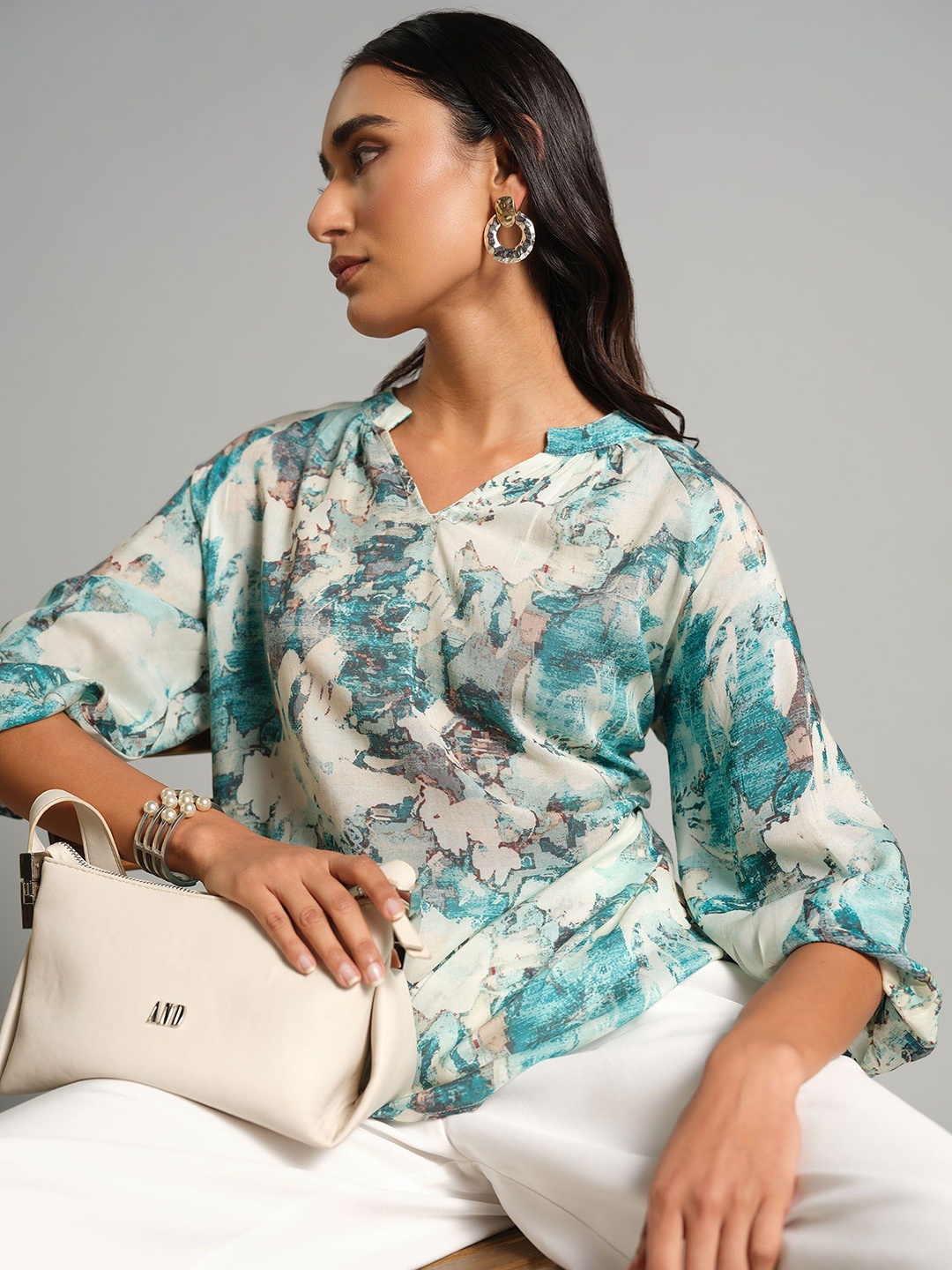 

AND Women Abstract Printed Cuffed Sleeves Top, Blue