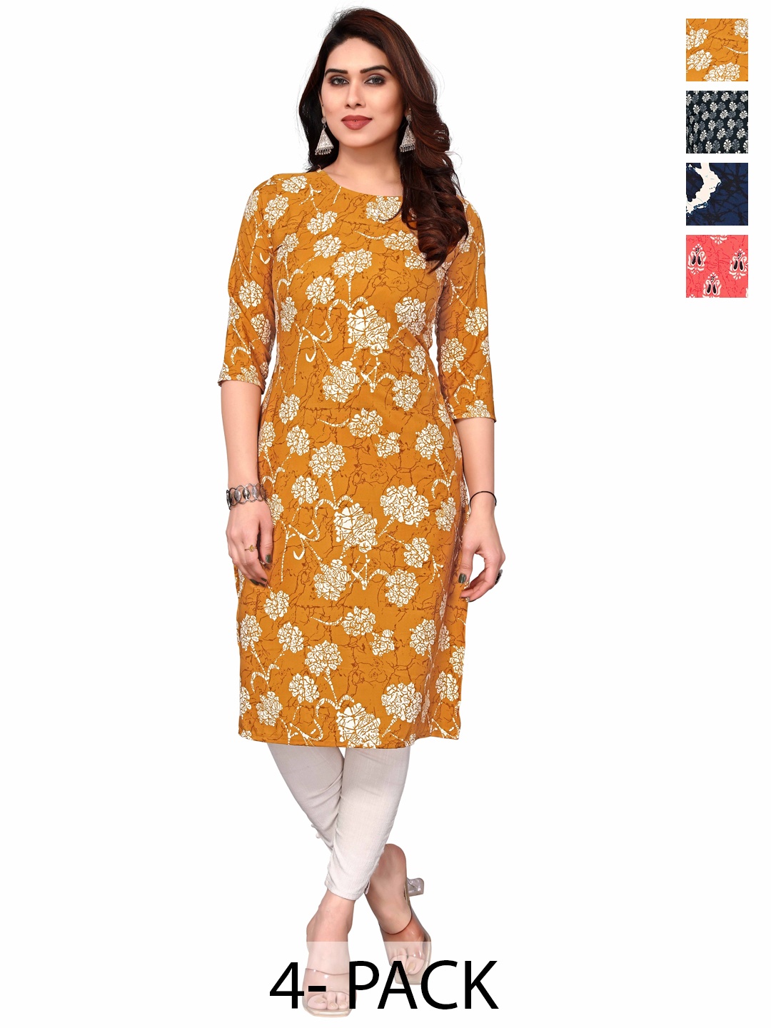 

KETAKI FASHION Selection Of 4 Floral Printed Straight Kurtas, Mustard