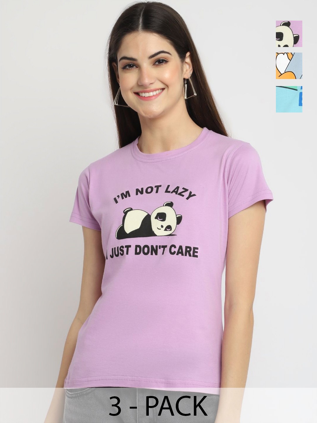 

Dreambe Women Pack Of 3 Graphic Printed Round Neck Cotton T-shirts, Lavender