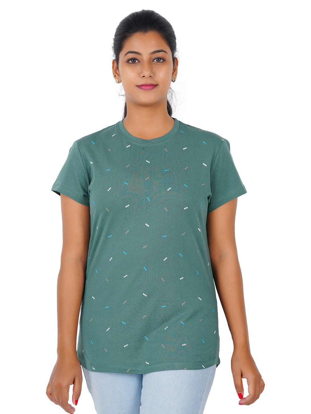 

GUIDE Women Geometric Printed Round Neck Cotton T-shirt, Green