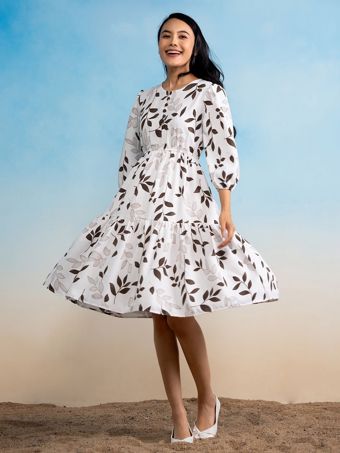 

DressBerry Women Floral Printed Puff Sleeves Fit & Flare Dress, Brown